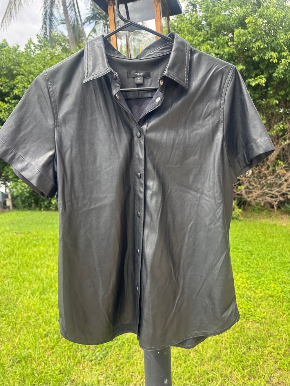 J. Crew Black Short-Sleeve Faux Leather Button-Down Shirt BL347 size 8